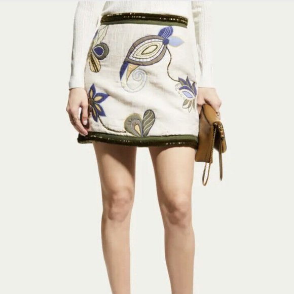 Veronica Beard Inga Sz 10- 12 Skirt EMBROIDERED Mini Beaded Oyster 100% …